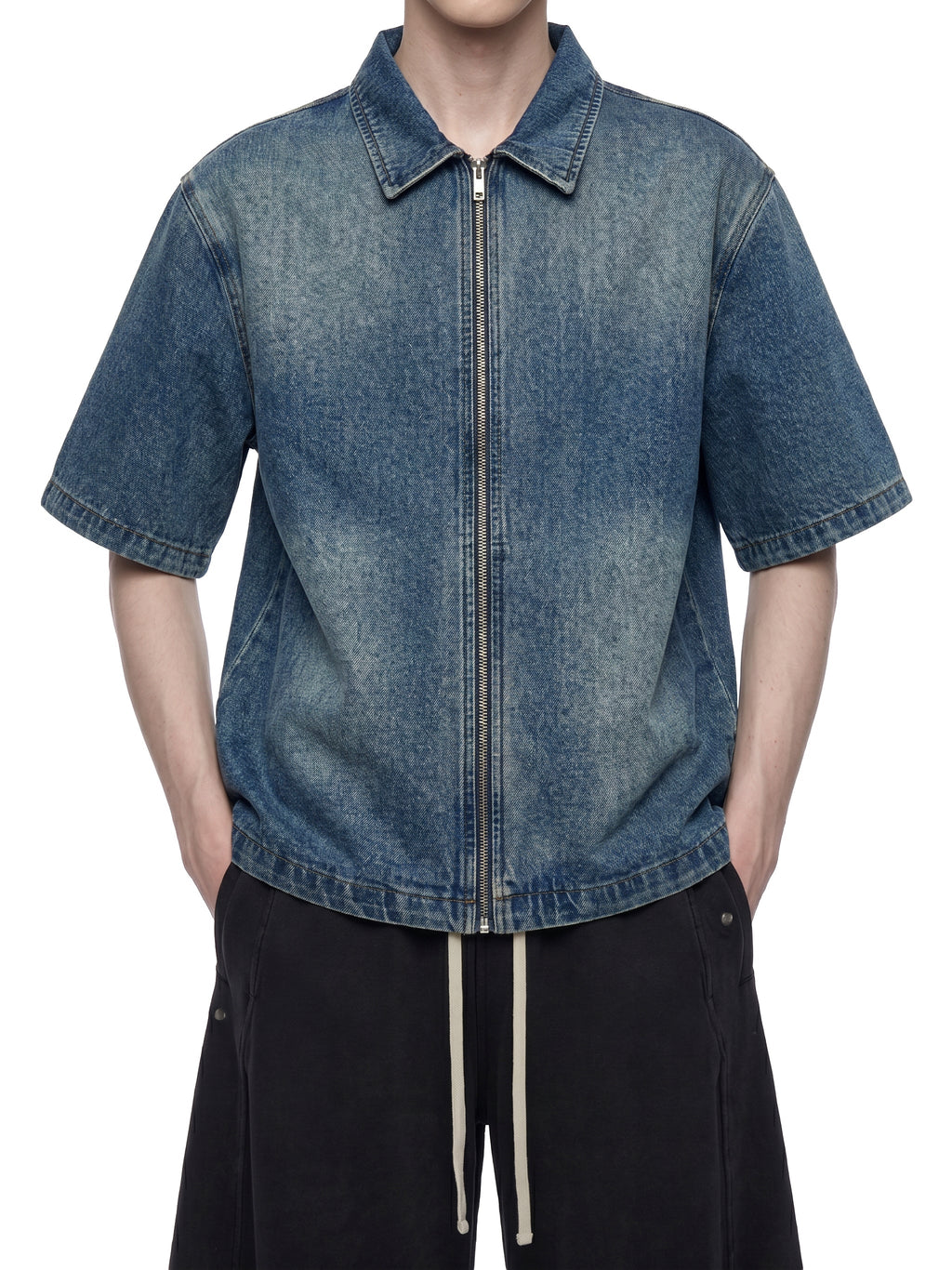 Unisex Vintage Washed Full-Zip Denim Shirt