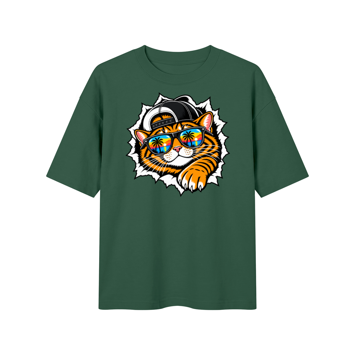 Cool Cat Sunset Sunglasses Unisex Drop Shoulder T-Shirt – Blackish Green