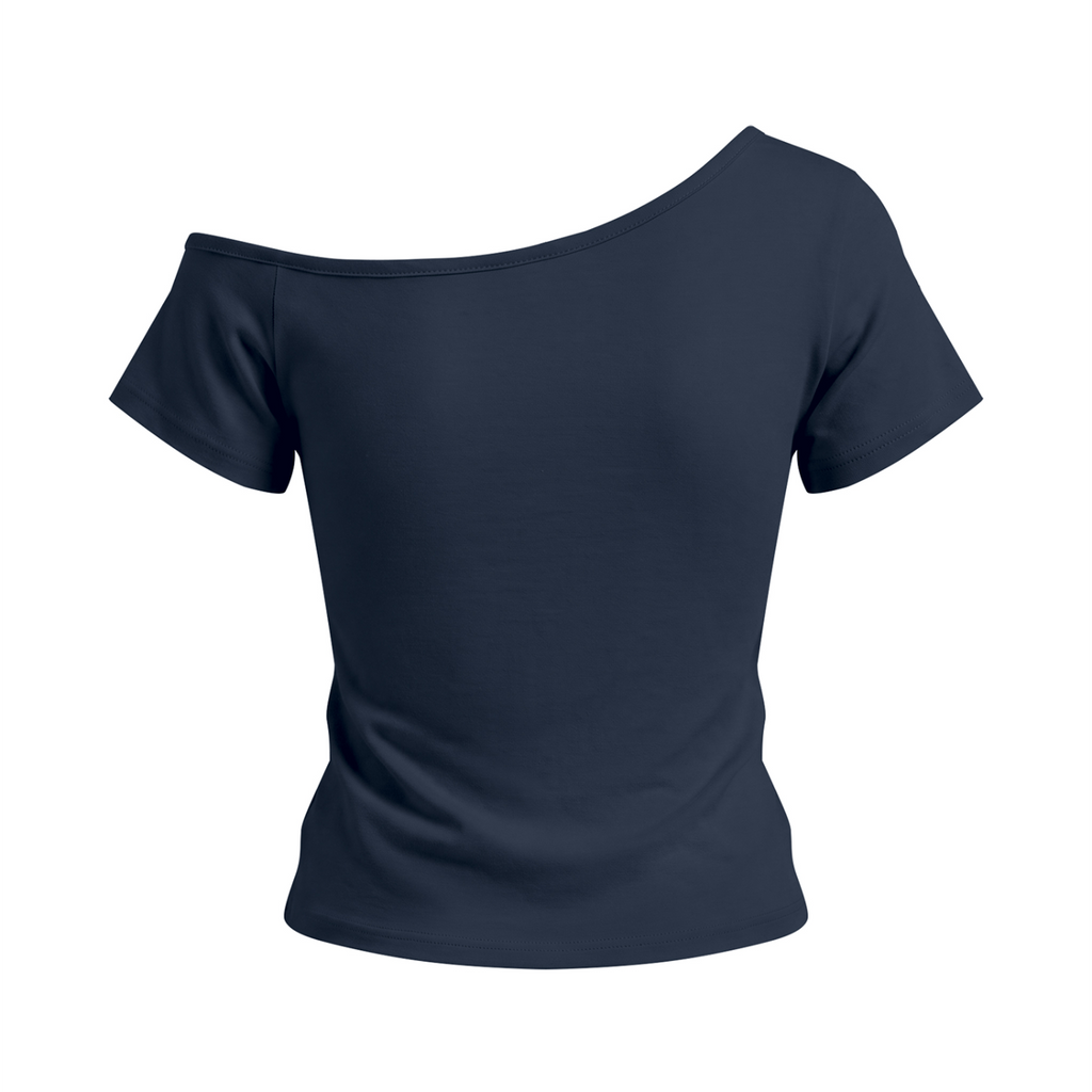 Bloom Anyway women’s off-the-shoulder T-shirt in Navy Blue – back mockup