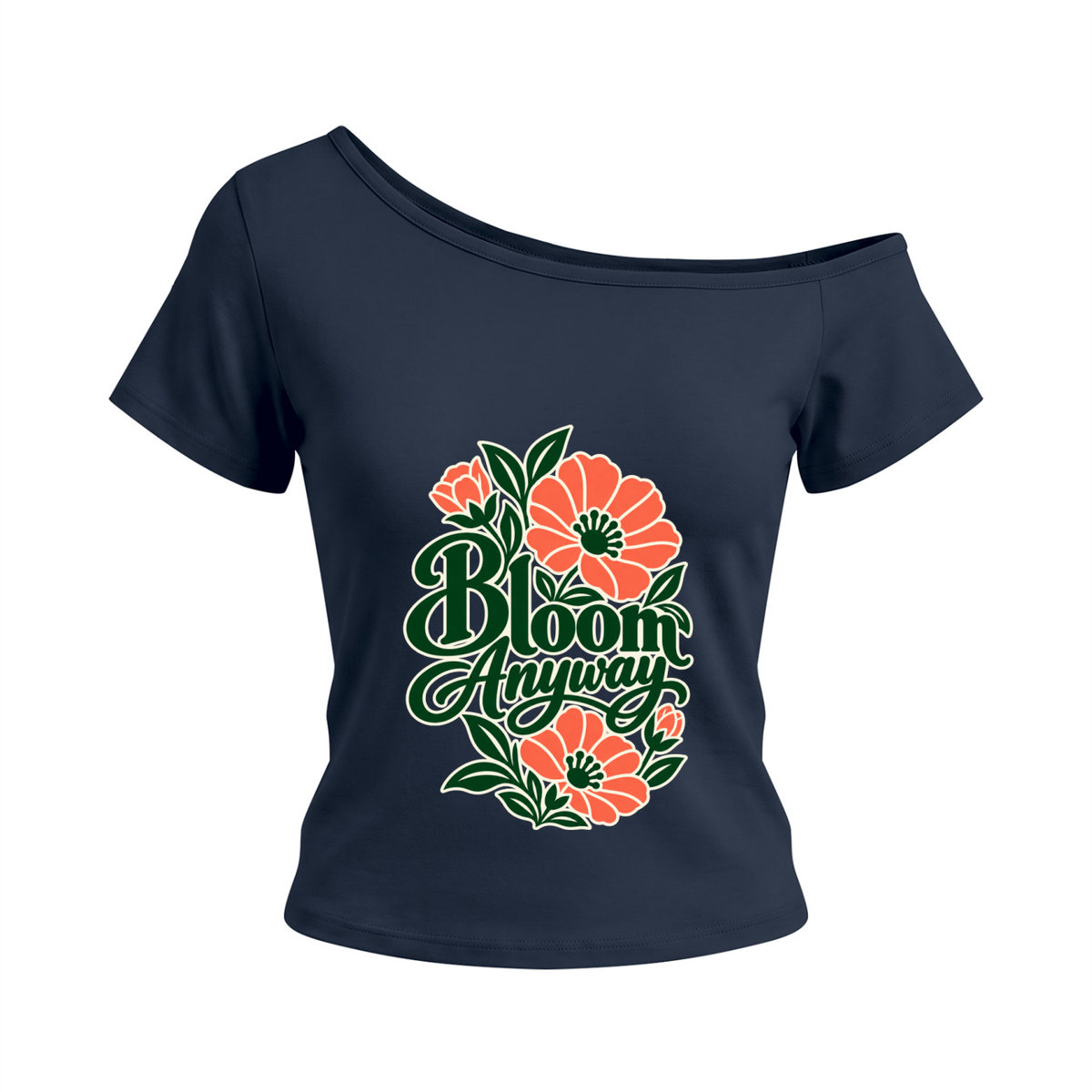 Bloom Anyway women’s off-the-shoulder T-shirt in Navy Blue – front mockup