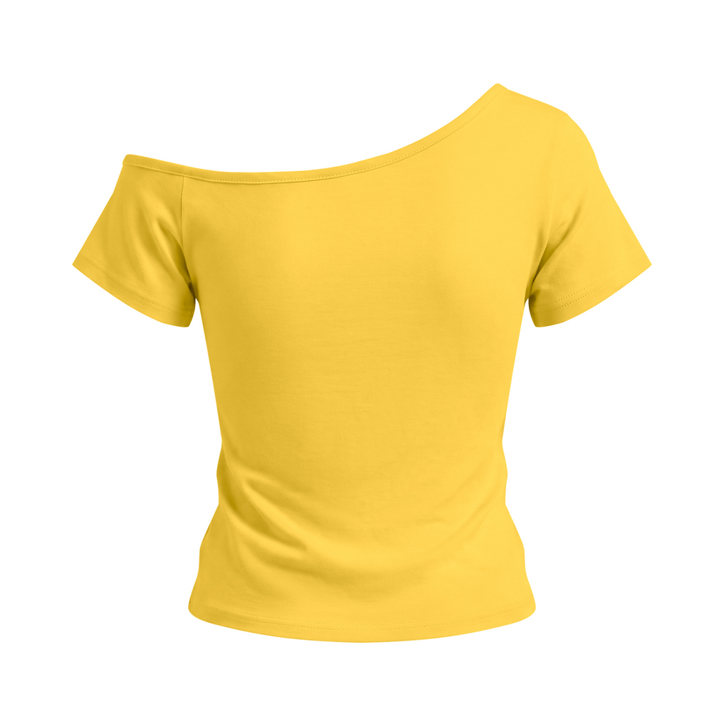 Bloom Anyway women’s off-the-shoulder T-shirt in Yellow – back mockup