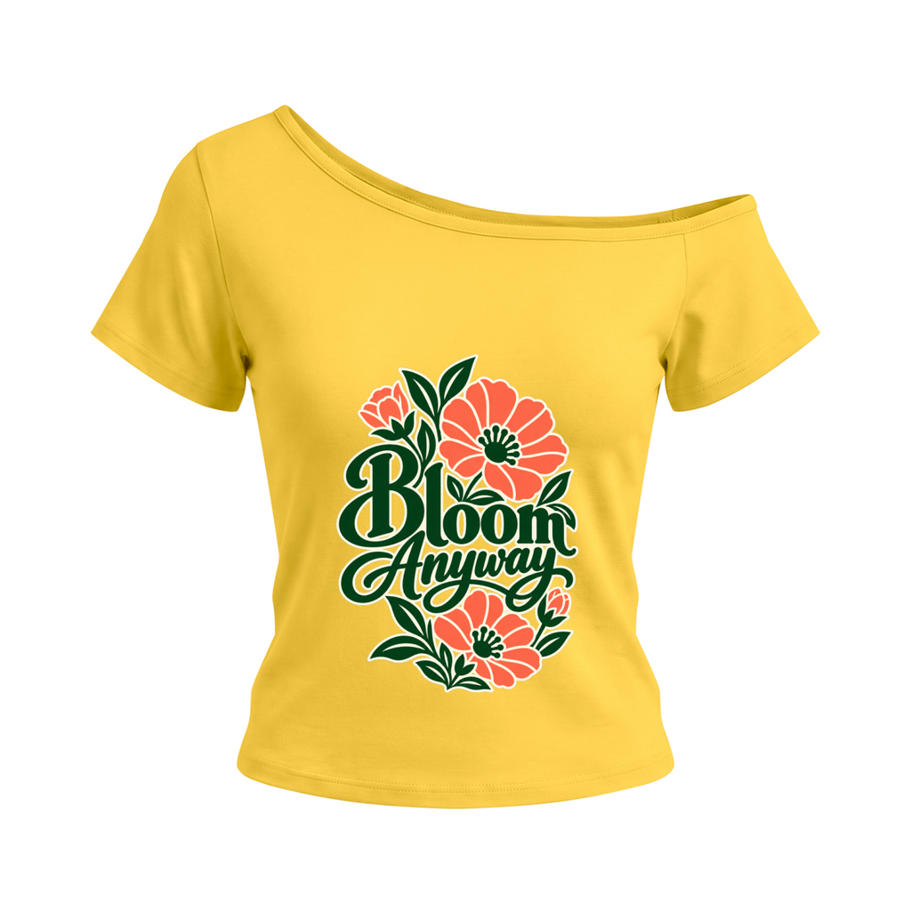 Bloom Anyway women’s off-the-shoulder T-shirt in Yellow – front mockup