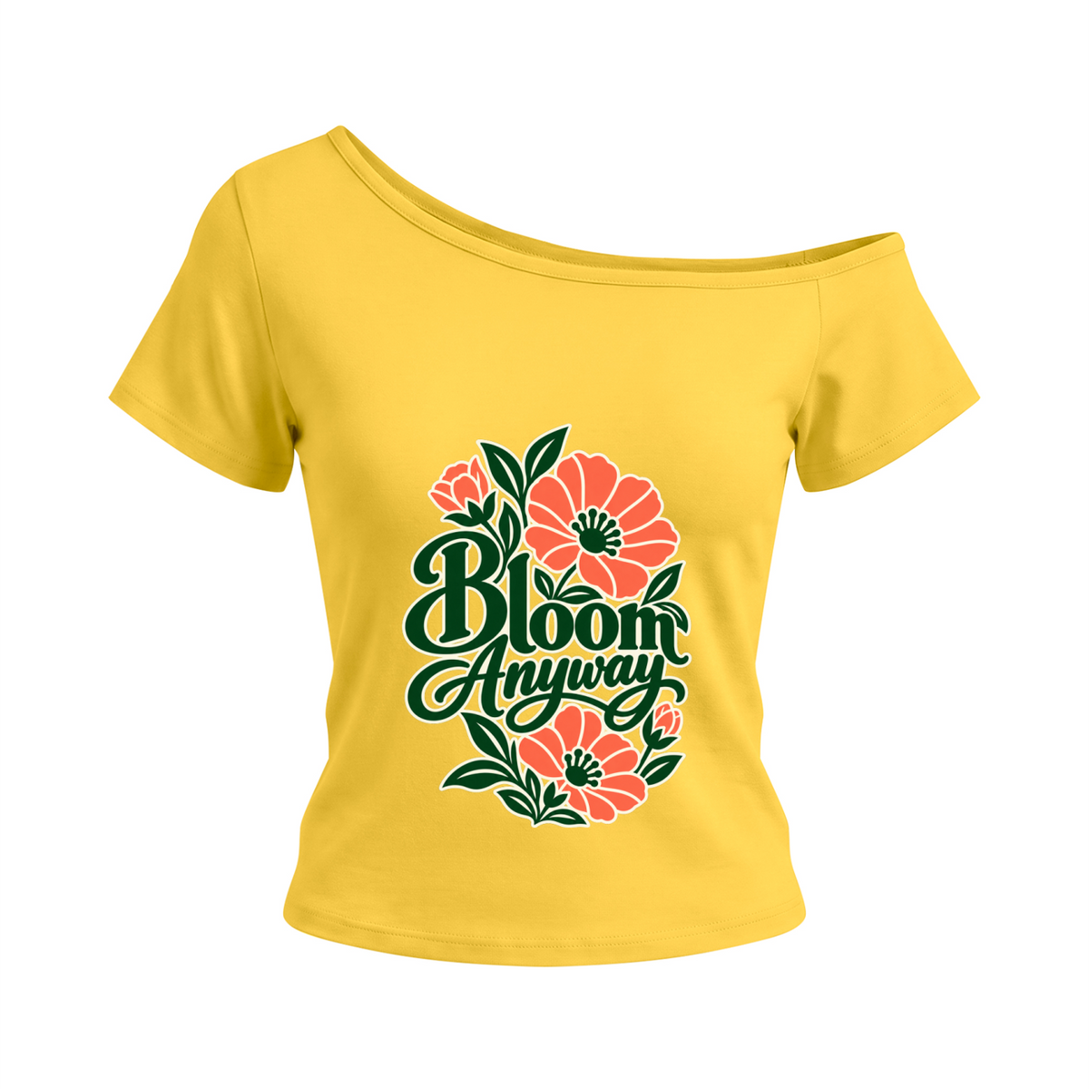 Bloom Anyway women’s off-the-shoulder T-shirt in Yellow – front mockup