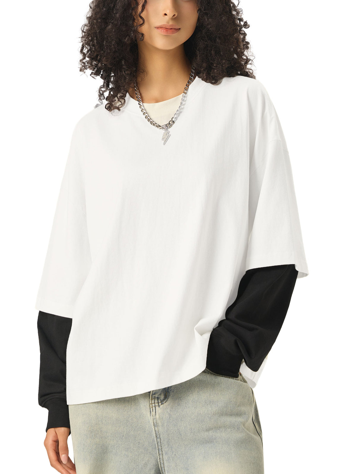 Unisex Layered Contrast-Sleeve Long-Sleeve T-Shirt gallery view