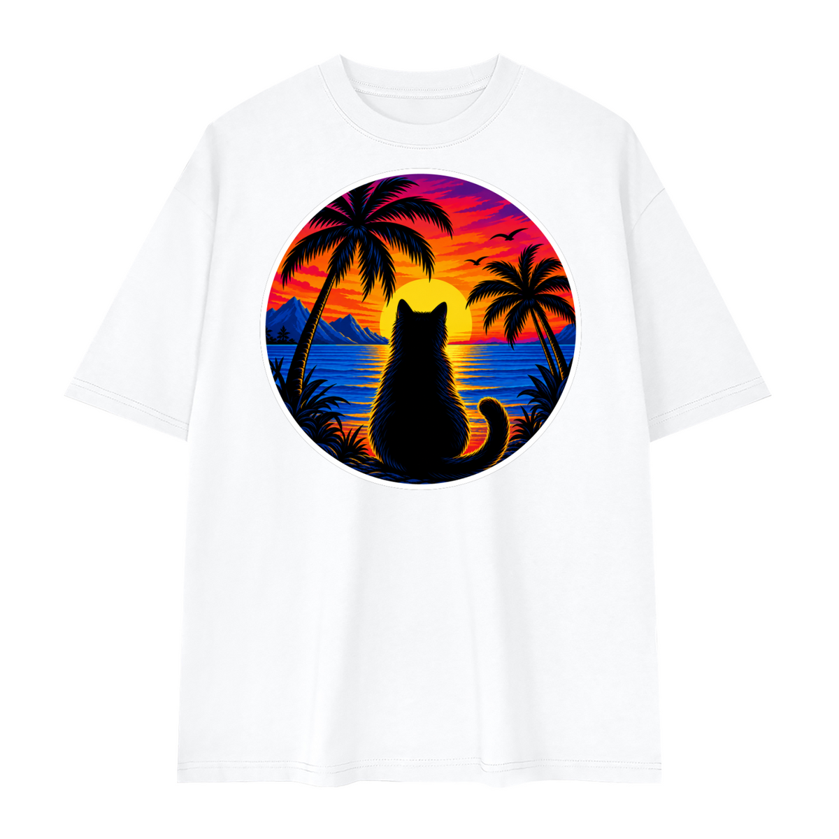 Tropical Sunset Cat Unisex Loose Drop Shoulder T-Shirt – Lucent White