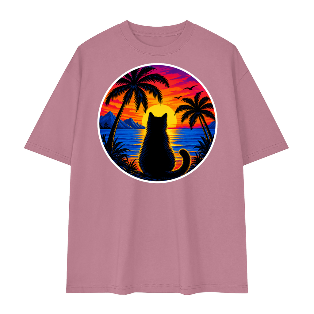 Tropical Sunset Cat Unisex Loose Drop Shoulder T-Shirt – Bean Paste Red