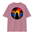 Tropical Sunset Cat Unisex Loose Drop Shoulder T-Shirt – Bean Paste Red