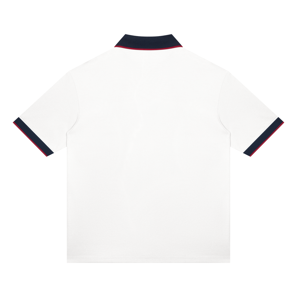 White with Navy Blue Unisex Color Block Polo Shirt back product view