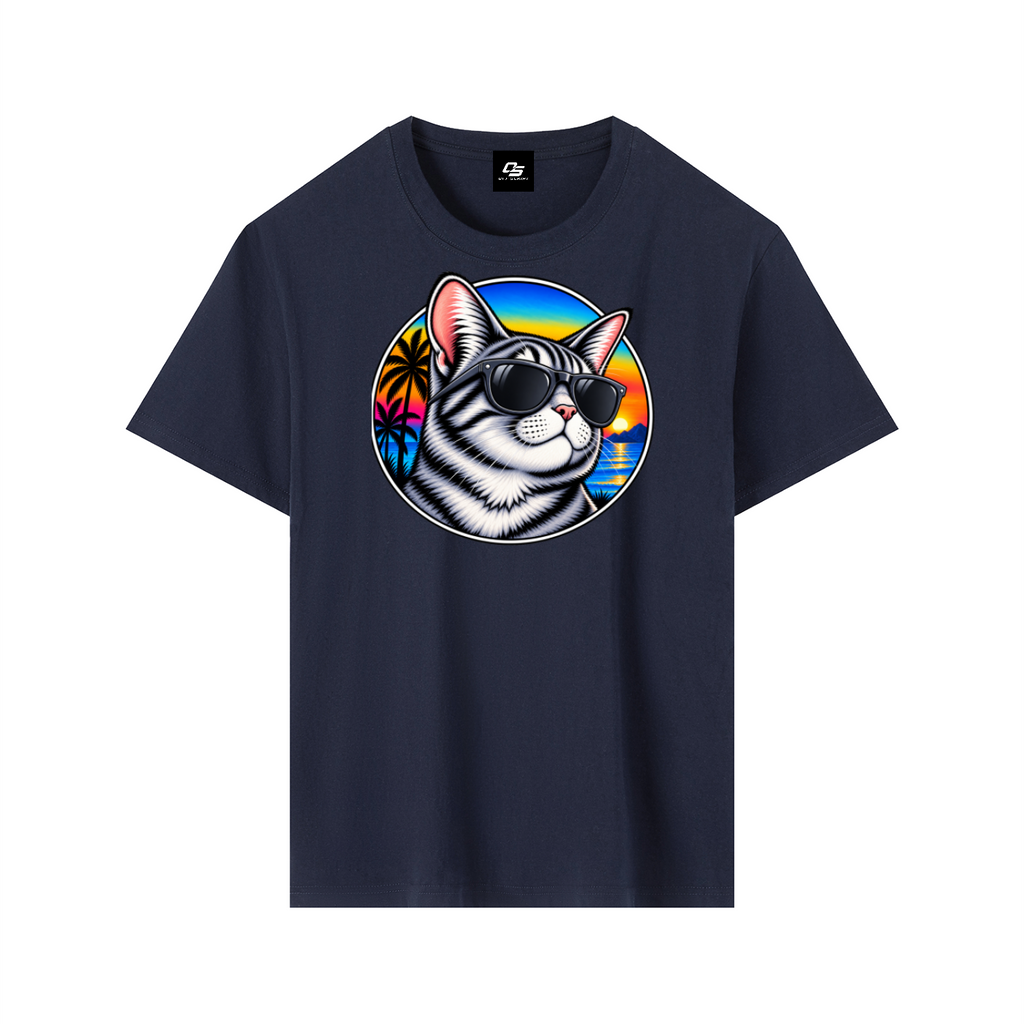 Cool Cat Sunset Pure Cotton Unisex T-Shirt – Dark Blue