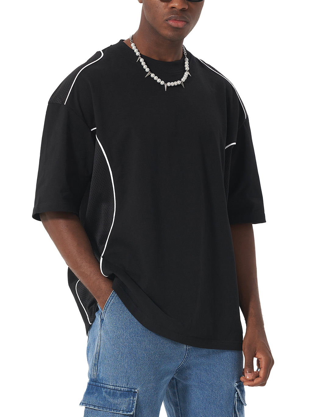 Black Contrast Piped Panel T-Shirt on model side view