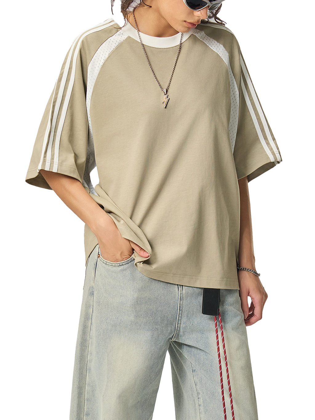 Grey Green with White Unisex Contrast-Stripe Panel Mesh T-Shirt on model casual view