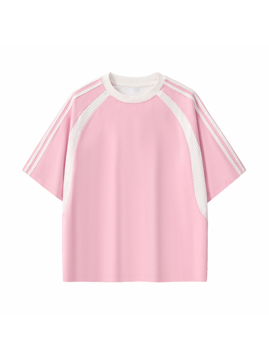 Pink with White Contrast Stripes Panel Mesh T-Shirt front product view