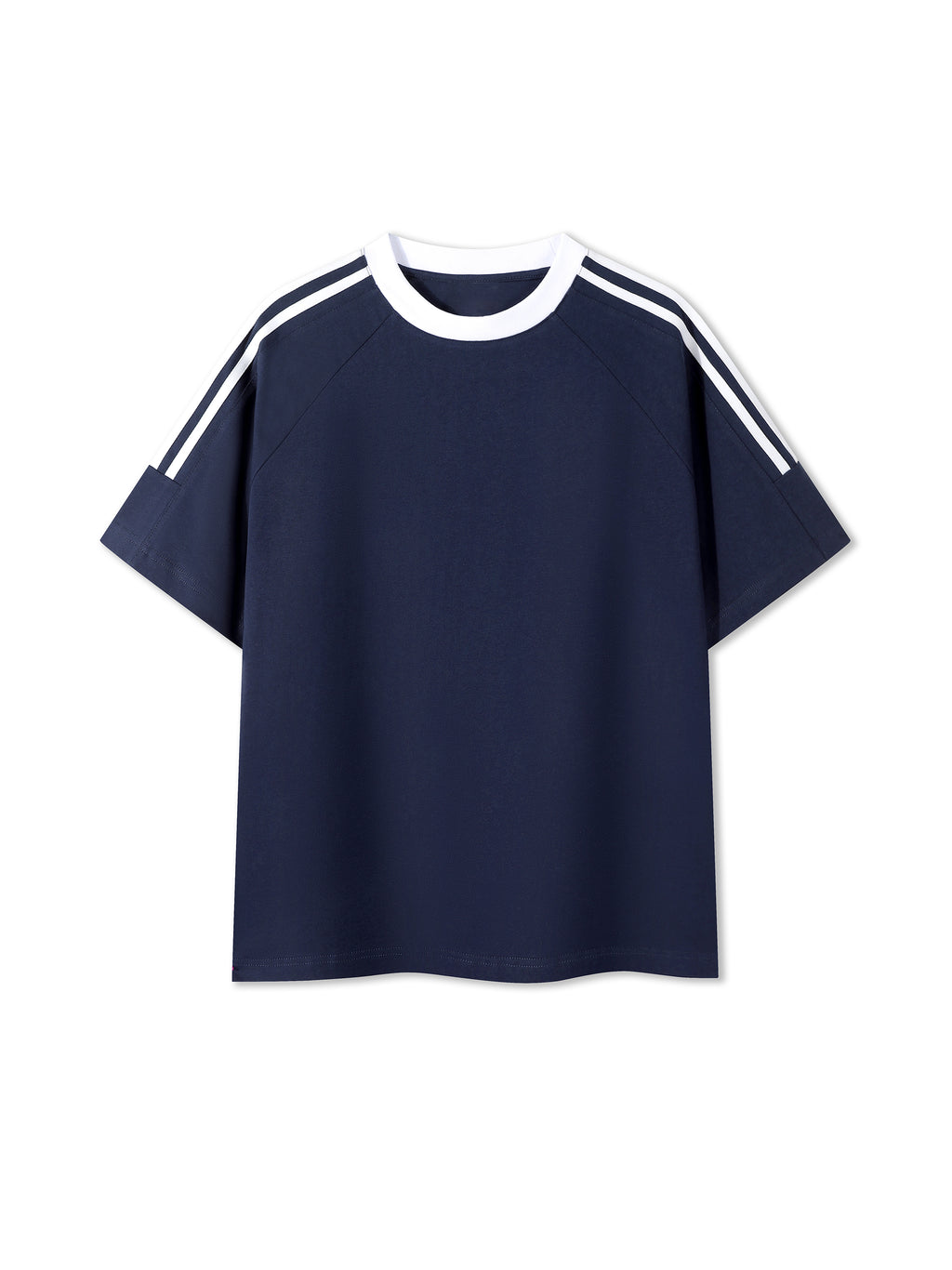 Off Script Contrast Tape Crewneck Cotton T-Shirt - Navy Blue front view
