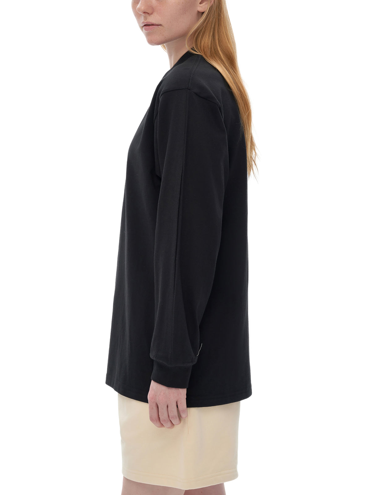 Off Script Crew Neck Drop Shoulder Long Sleeve Shirt - Black female model side view