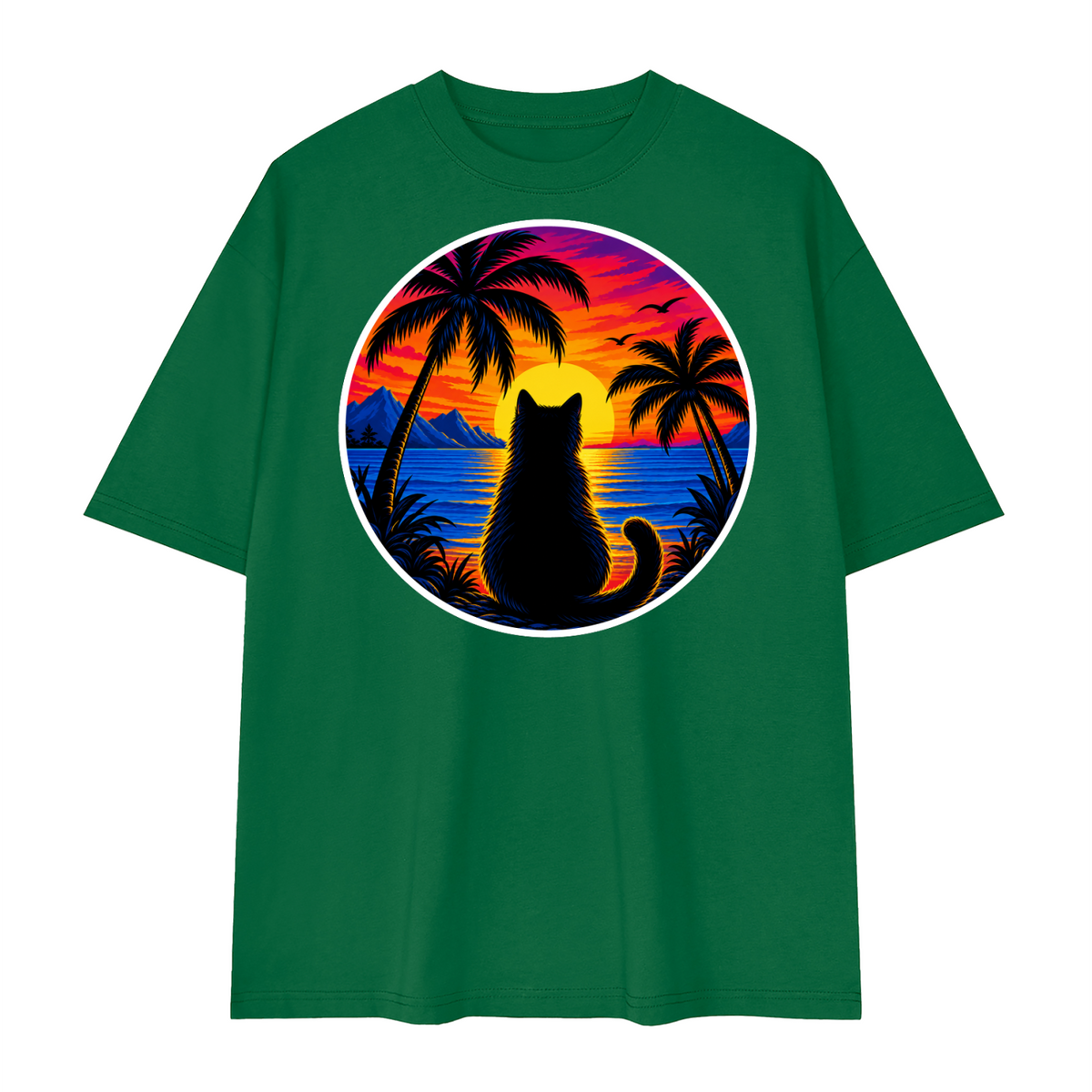 Tropical Sunset Cat Unisex Loose Drop Shoulder T-Shirt – Green
