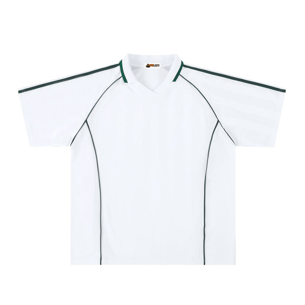 White with Dark Green Unisex Shadow-Stripe Collared Soccer Jersey front view
