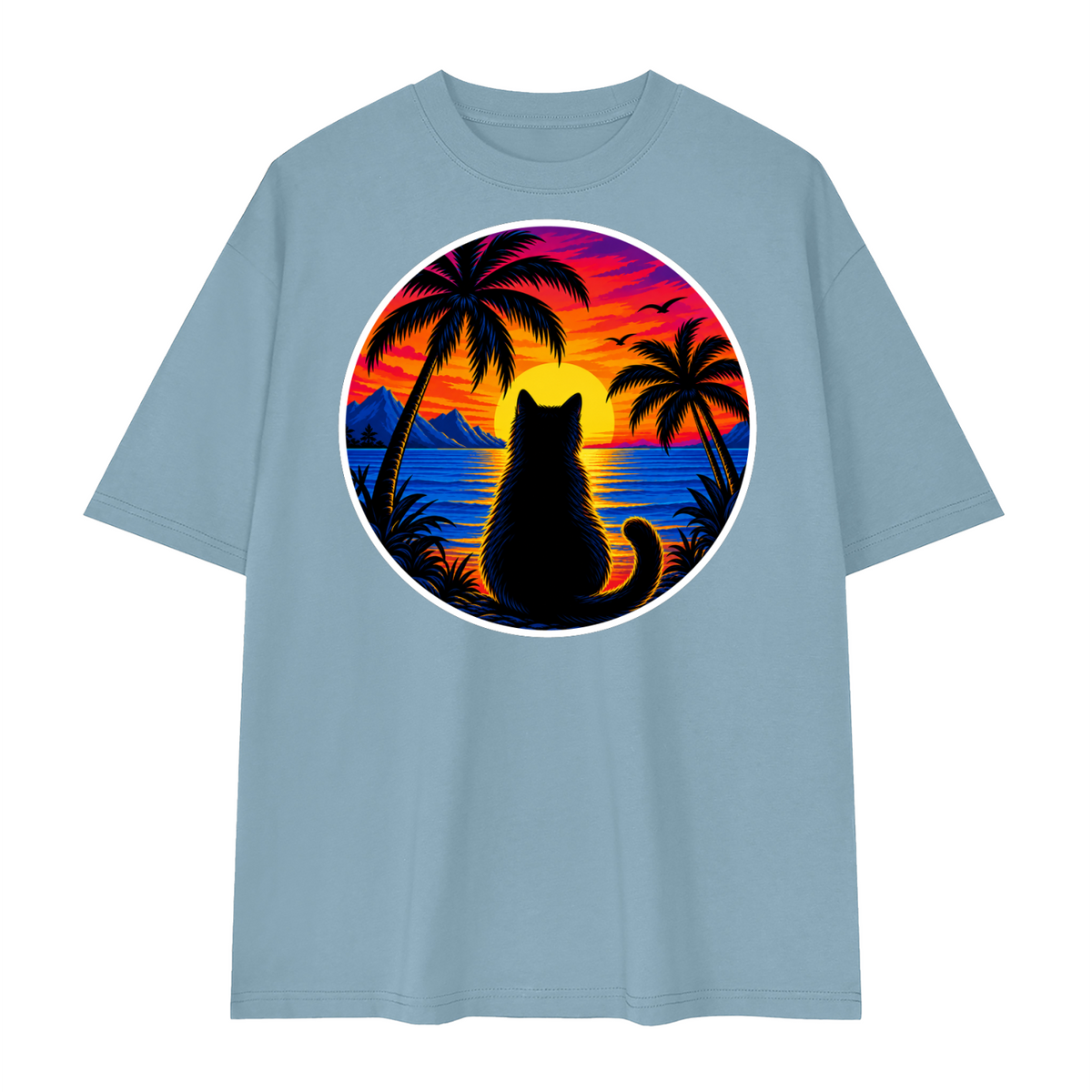 Tropical Sunset Cat Unisex Loose Drop Shoulder T-Shirt – Rain Washed