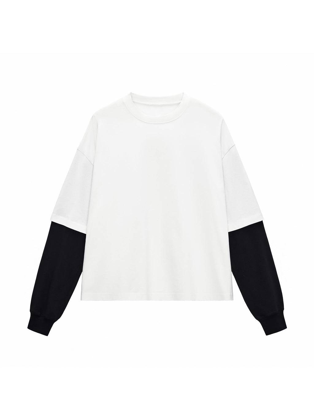White with Black Unisex Layered Contrast-Sleeve Long-Sleeve T-Shirt front view