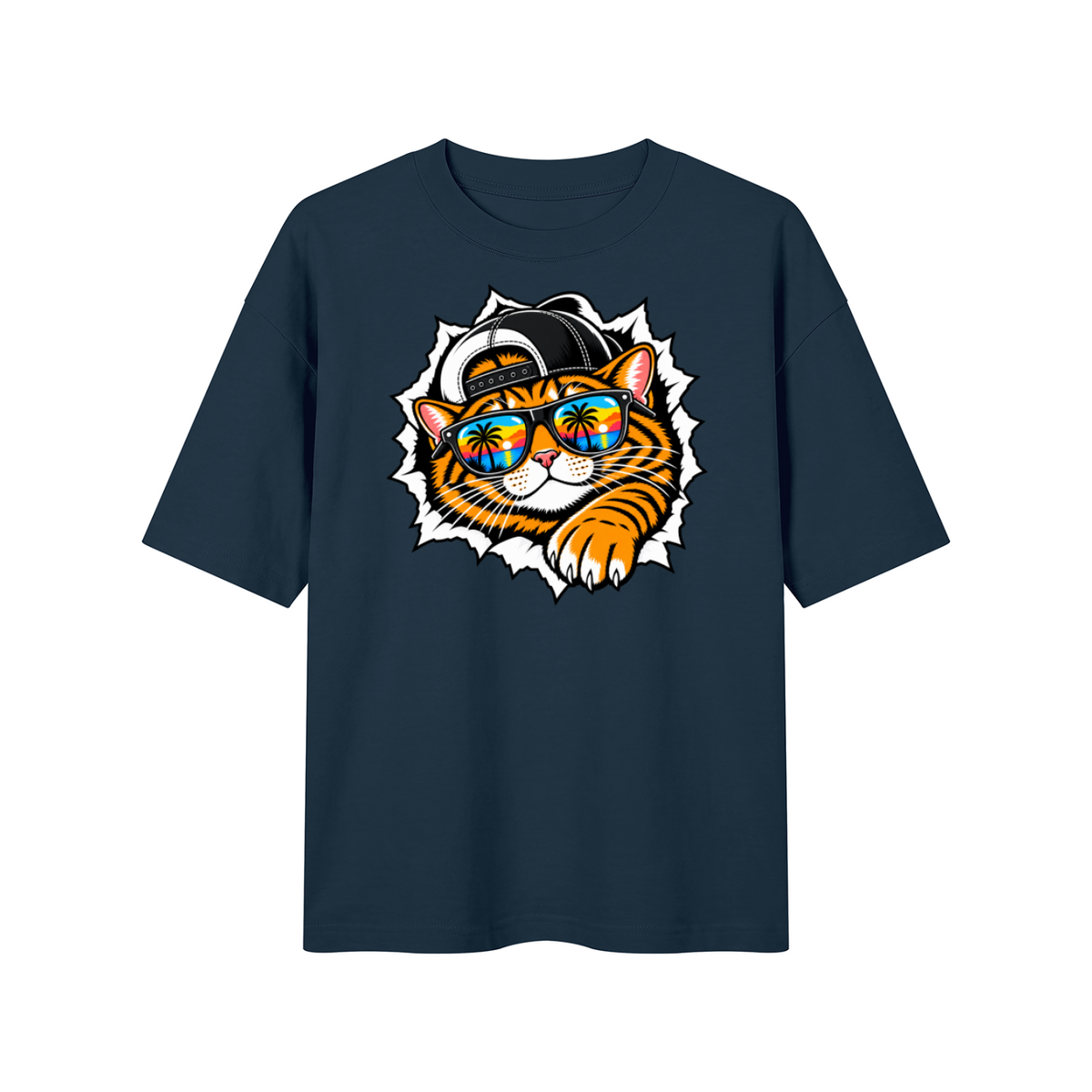 Cool Cat Sunset Sunglasses Unisex Drop Shoulder T-Shirt – Navy Blue