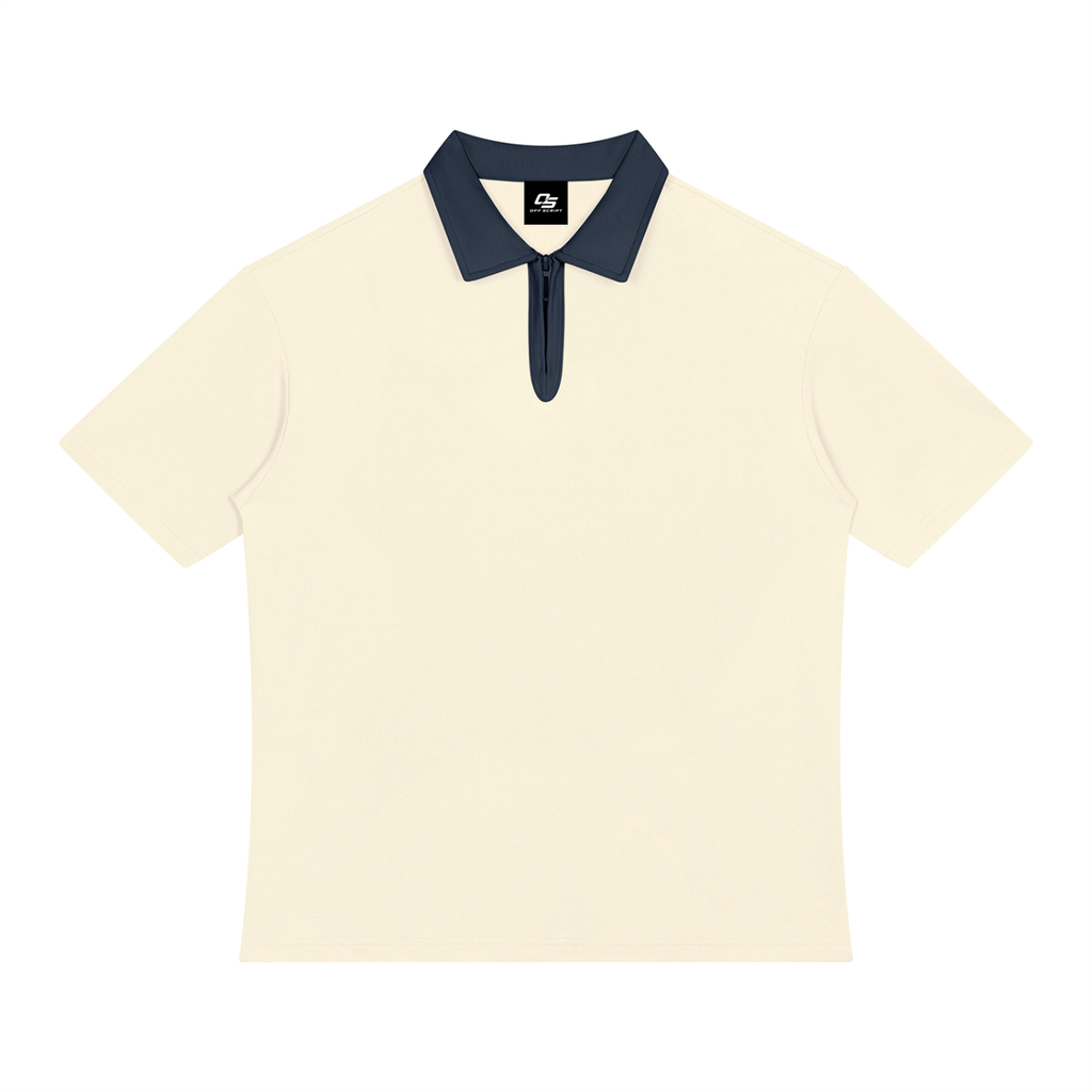 Apricot with Navy Blue Unisex Color Block Quarter-Zip Polo Shirt front product view
