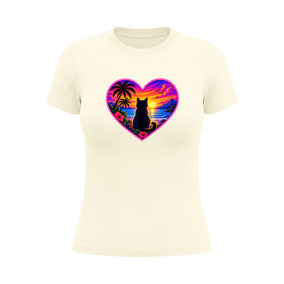 Women's Cat Sunset Heart Graphic T-Shirt - Apricot front mockup