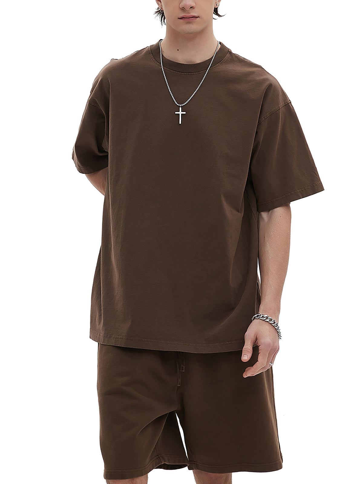 Camel Enzyme Washed T-Shirt on male model angled front view