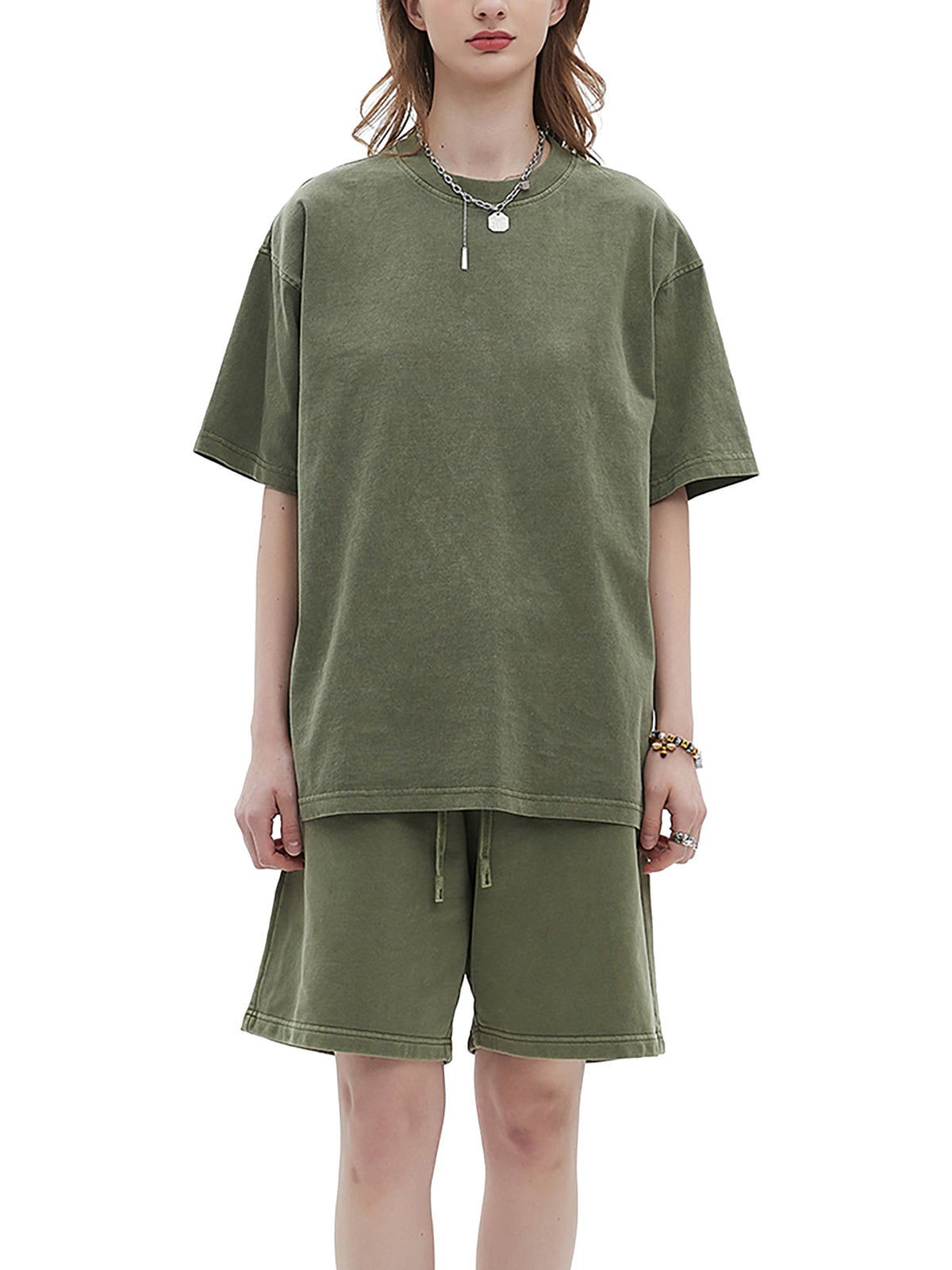 Gray Green Enzyme Washed T-Shirt on female model front view