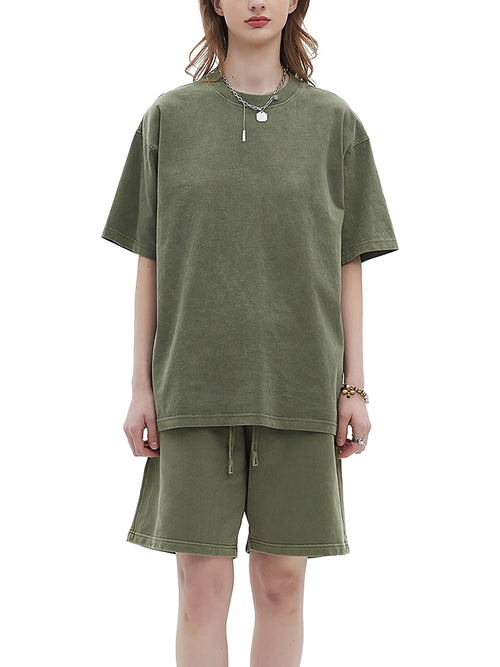 Gray Green Enzyme Washed T-Shirt on female model front view