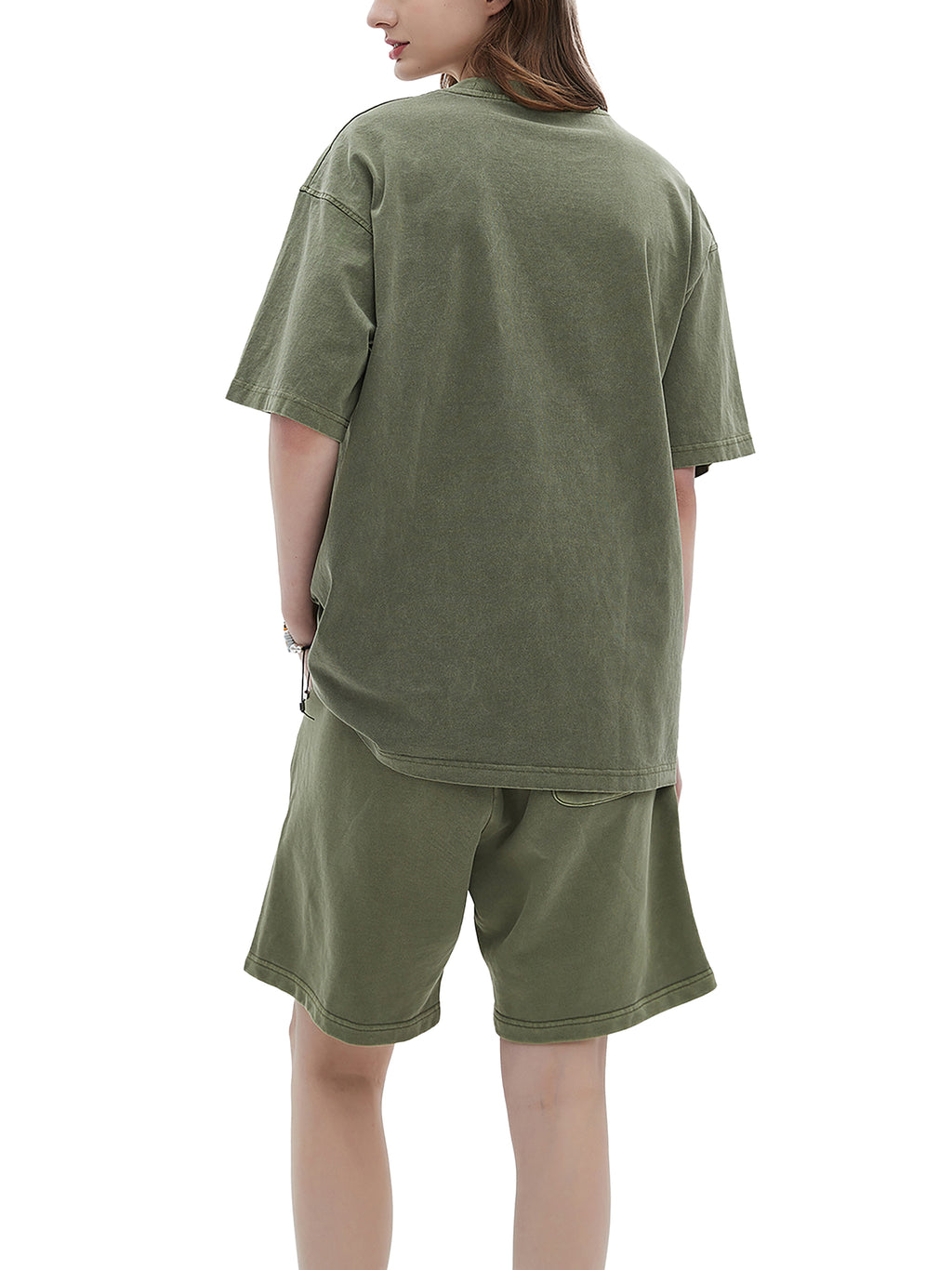 Gray Green Enzyme Washed T-Shirt on female model rear view