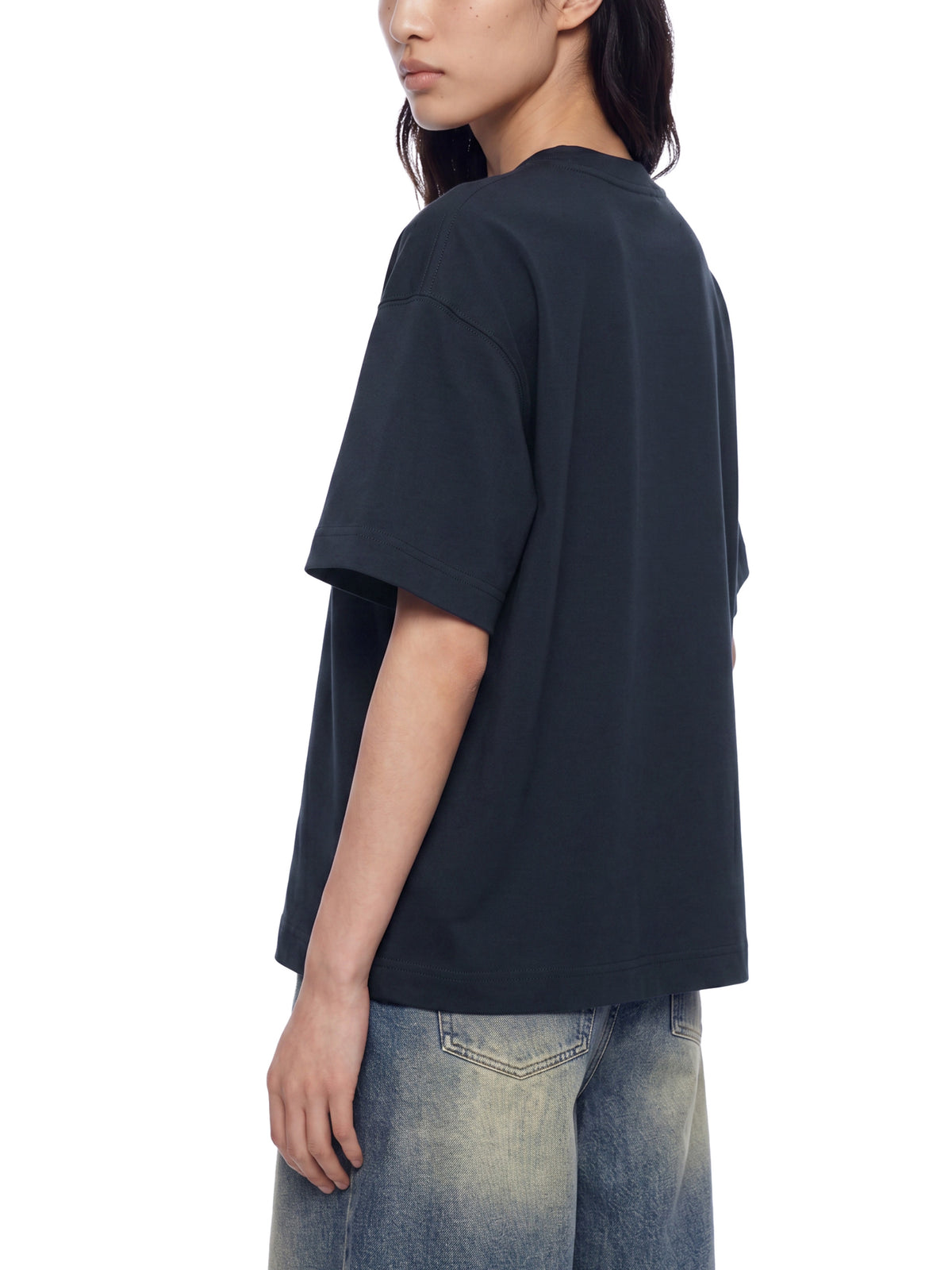 Off Script Essential Cotton Boxy T-Shirt - Navy Blue model three-quarter back view
