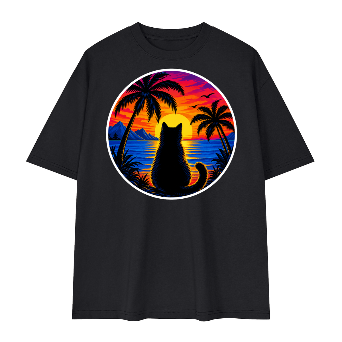 Tropical Sunset Cat Unisex Loose Drop Shoulder T-Shirt – Black Beauty