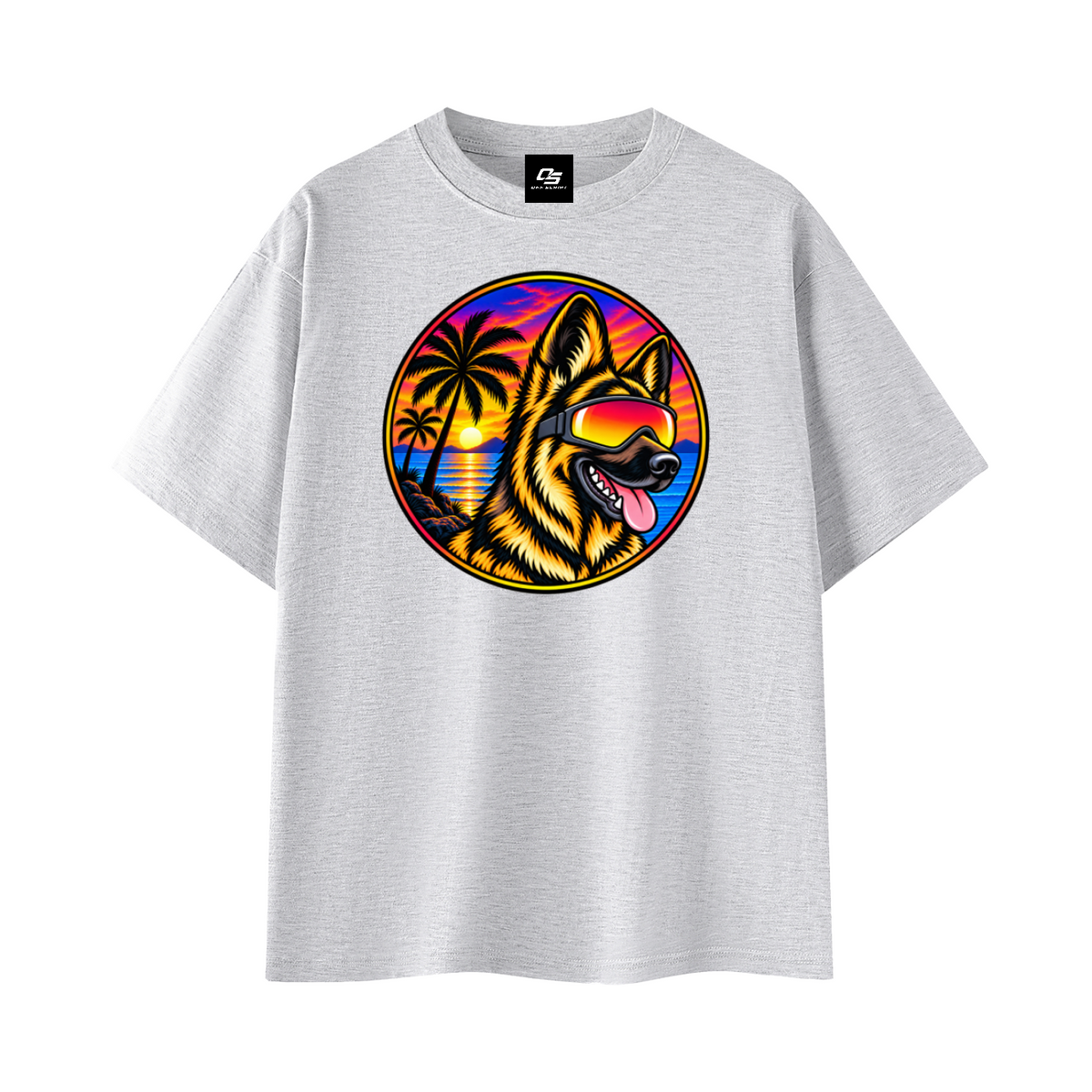 German Shepherd Sunset Graphic T-Shirt – White Gray