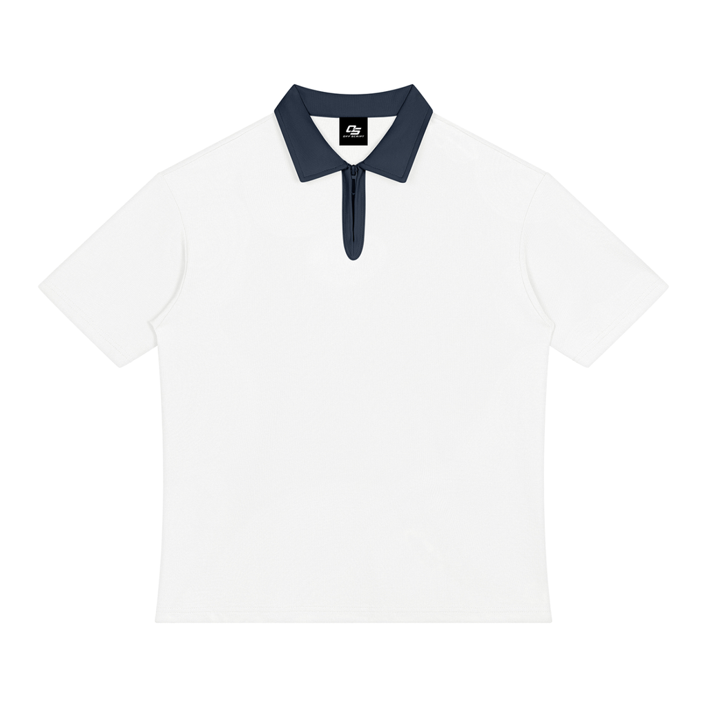 White with Navy Blue Unisex Color Block Quarter-Zip Polo Shirt front product view