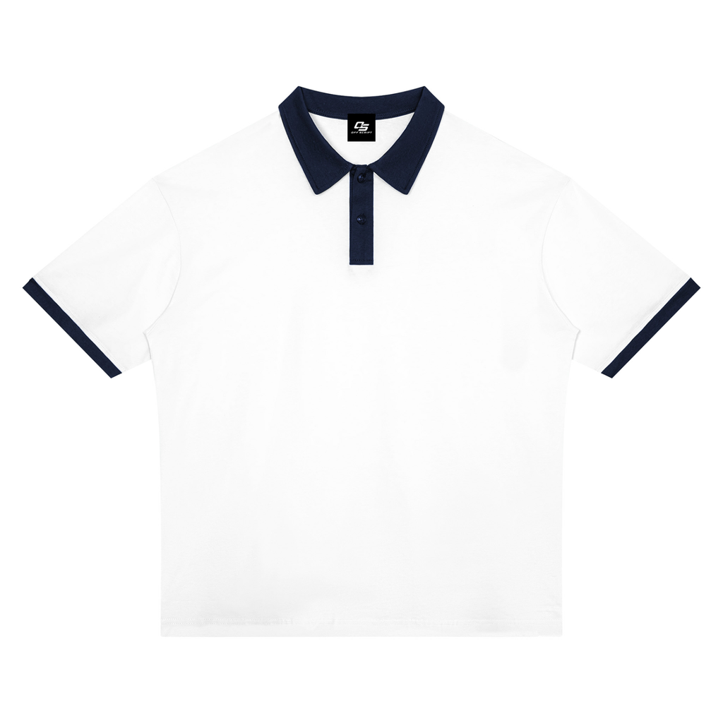 White with Navy Blue Unisex Color Block Polo Shirt front product view