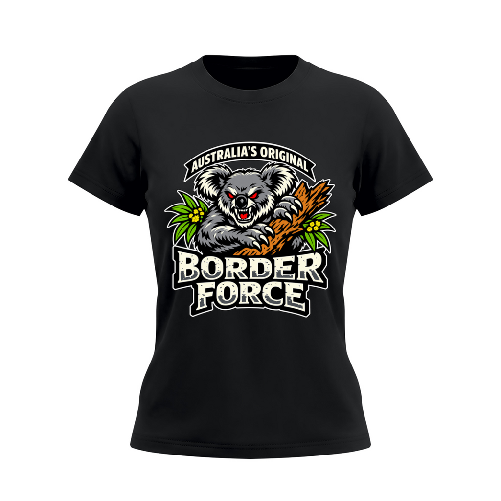 Drop Bear Women's Slim Fit Crewneck T-Shirt - Black front 3D mockup