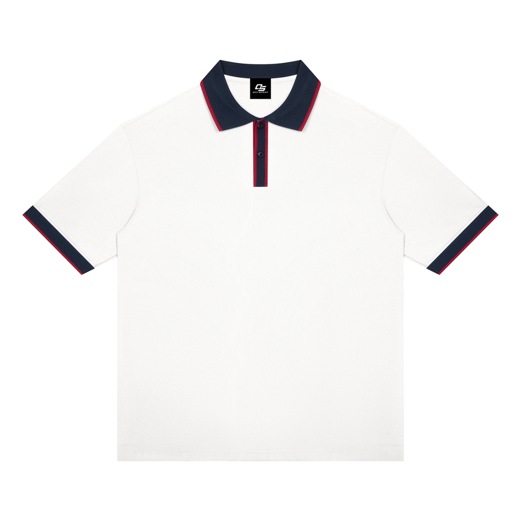 White with Navy Blue Unisex Color Block Polo Shirt front product view