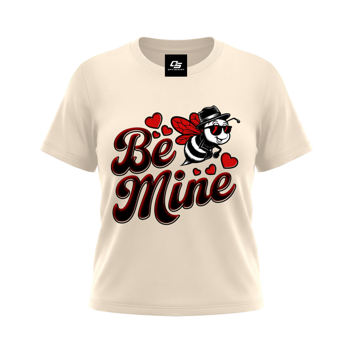 Off Script Be Mine women's graphic crewneck T-shirt in Apricot, front 3D mockup