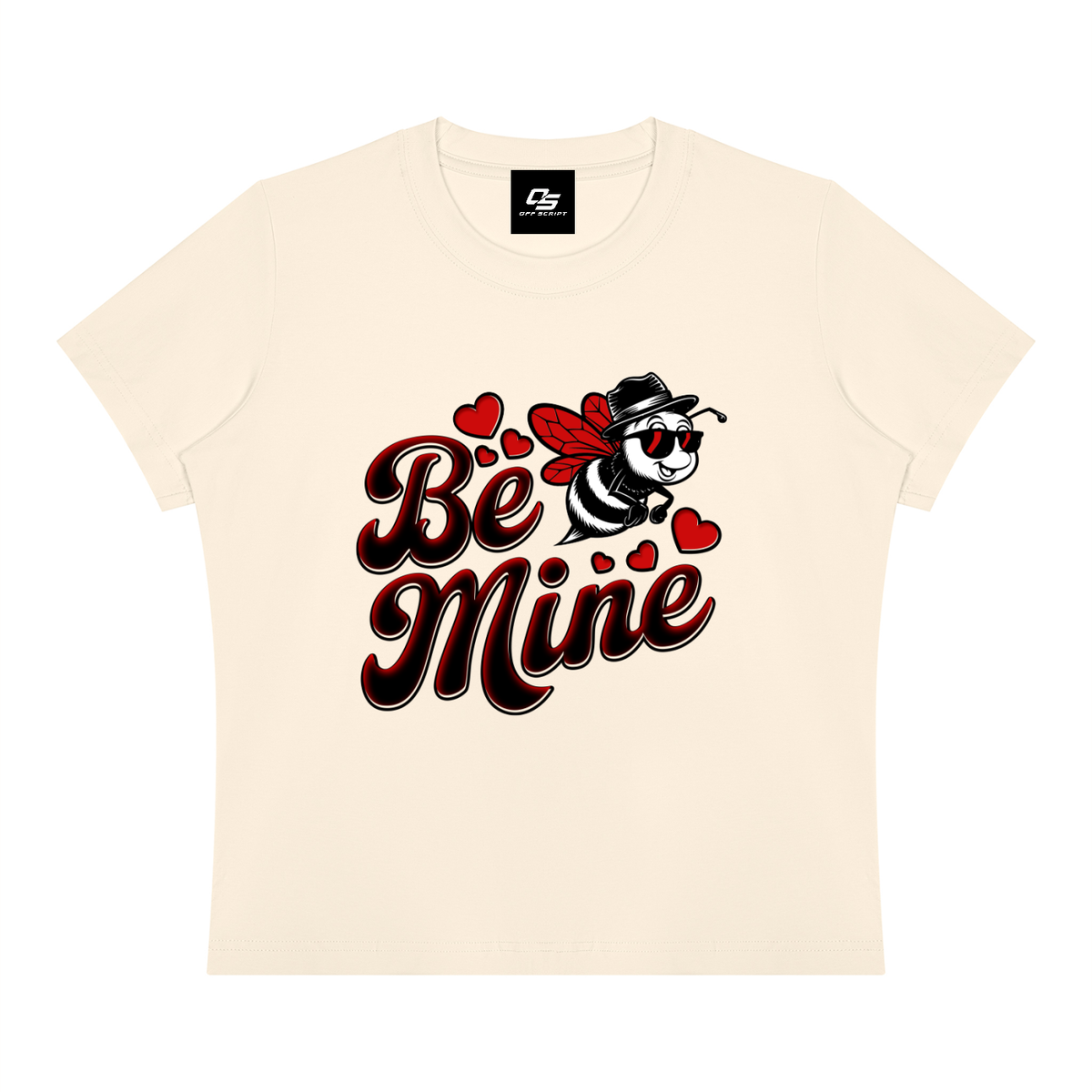 Off Script Be Mine women's graphic crewneck T-shirt in Apricot, flat front view