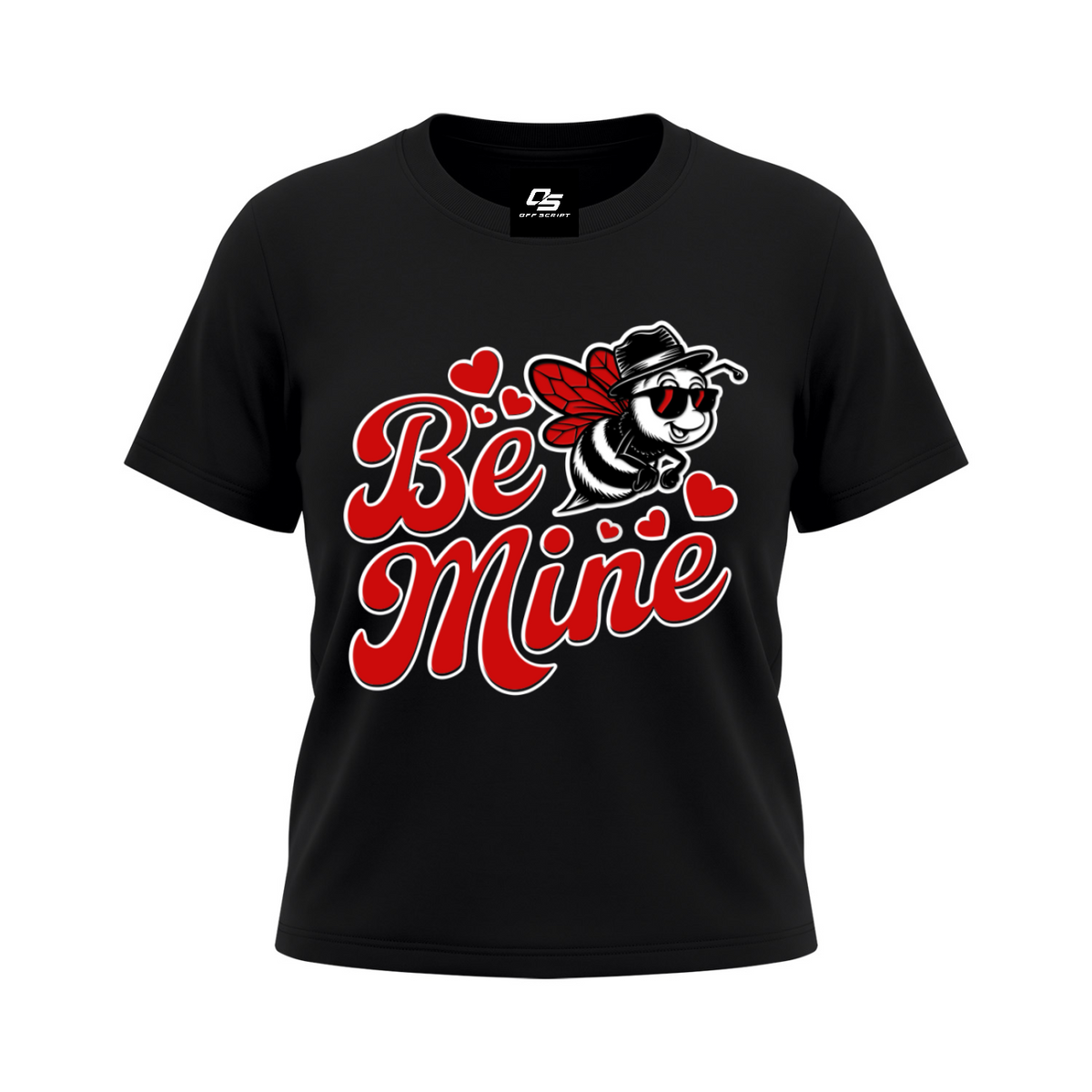 Off Script Be Mine women's graphic crewneck T-shirt in Black, front 3D mockup