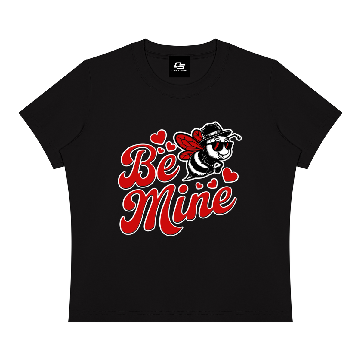 Off Script Be Mine women's graphic crewneck T-shirt in Black, flat front view