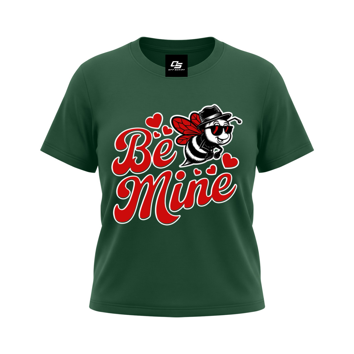 Off Script Be Mine women's graphic crewneck T-shirt in Blackish Green, front 3D mockup