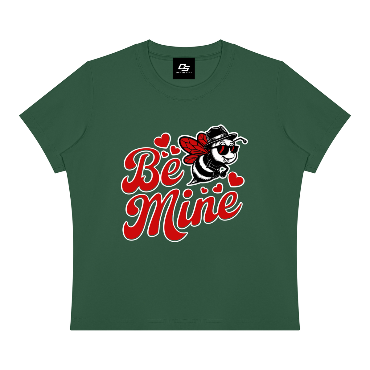 Off Script Be Mine women's graphic crewneck T-shirt in Blackish Green, flat front view