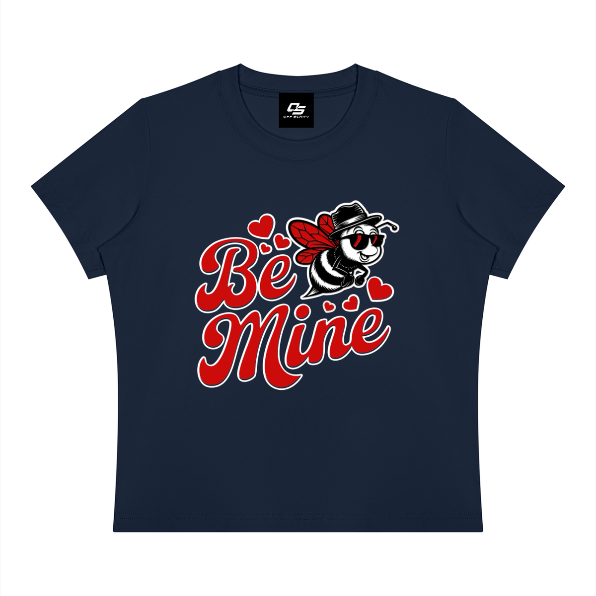 Off Script Be Mine women's graphic crewneck T-shirt in Navy Blue, flat front view