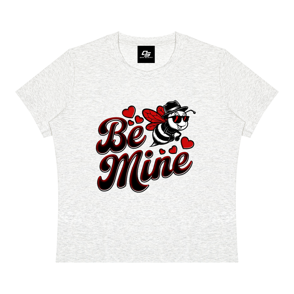 Off Script Be Mine women's graphic crewneck T-shirt in Oat Gray, flat front view
