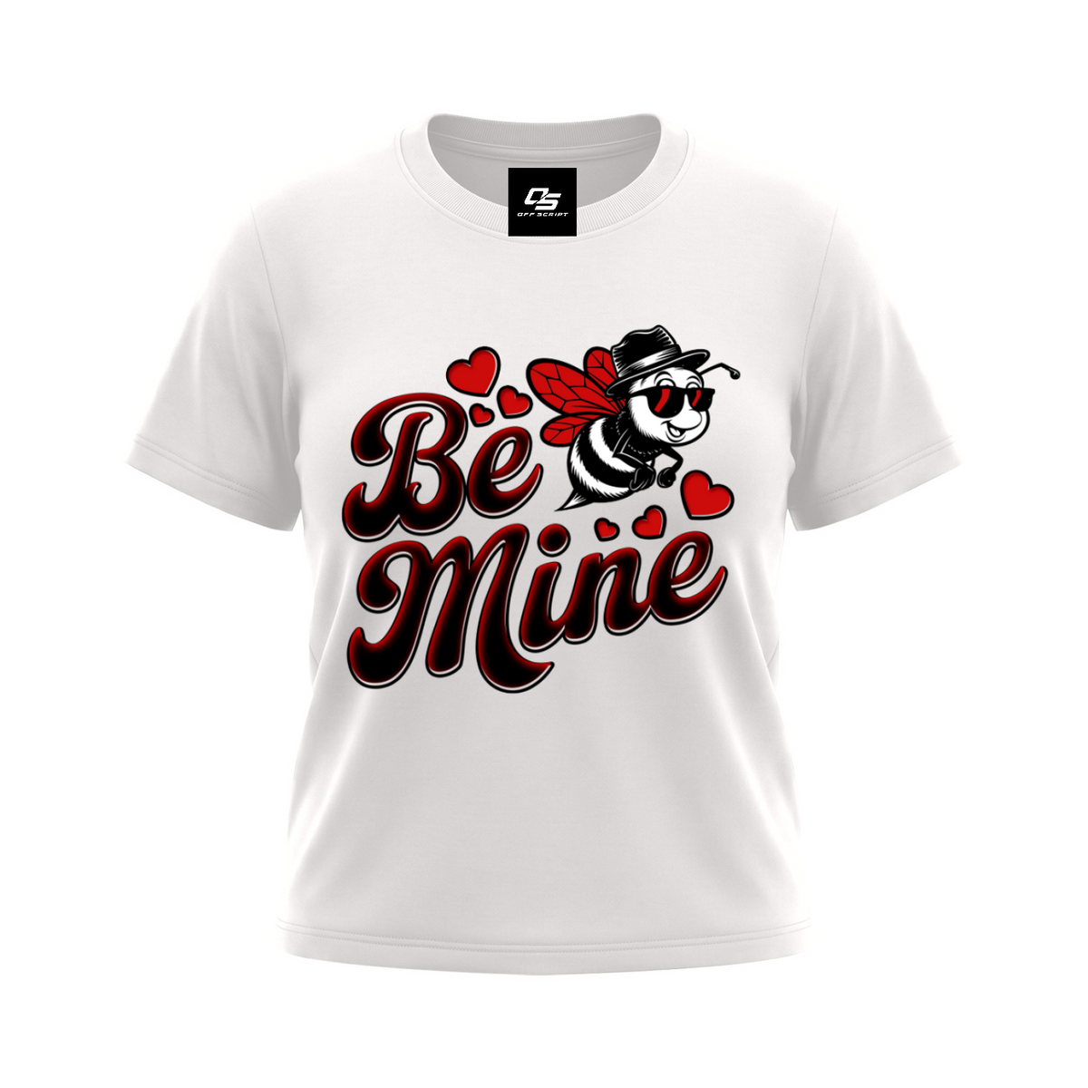 Off Script Be Mine women's graphic crewneck T-shirt in White, front 3D mockup