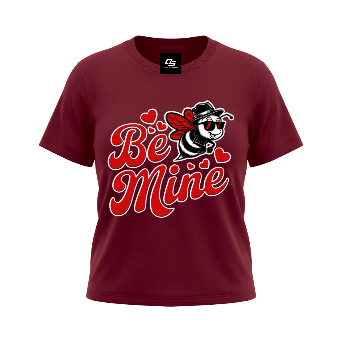 Off Script Be Mine women's graphic crewneck T-shirt in Wine Red, front 3D mockup
