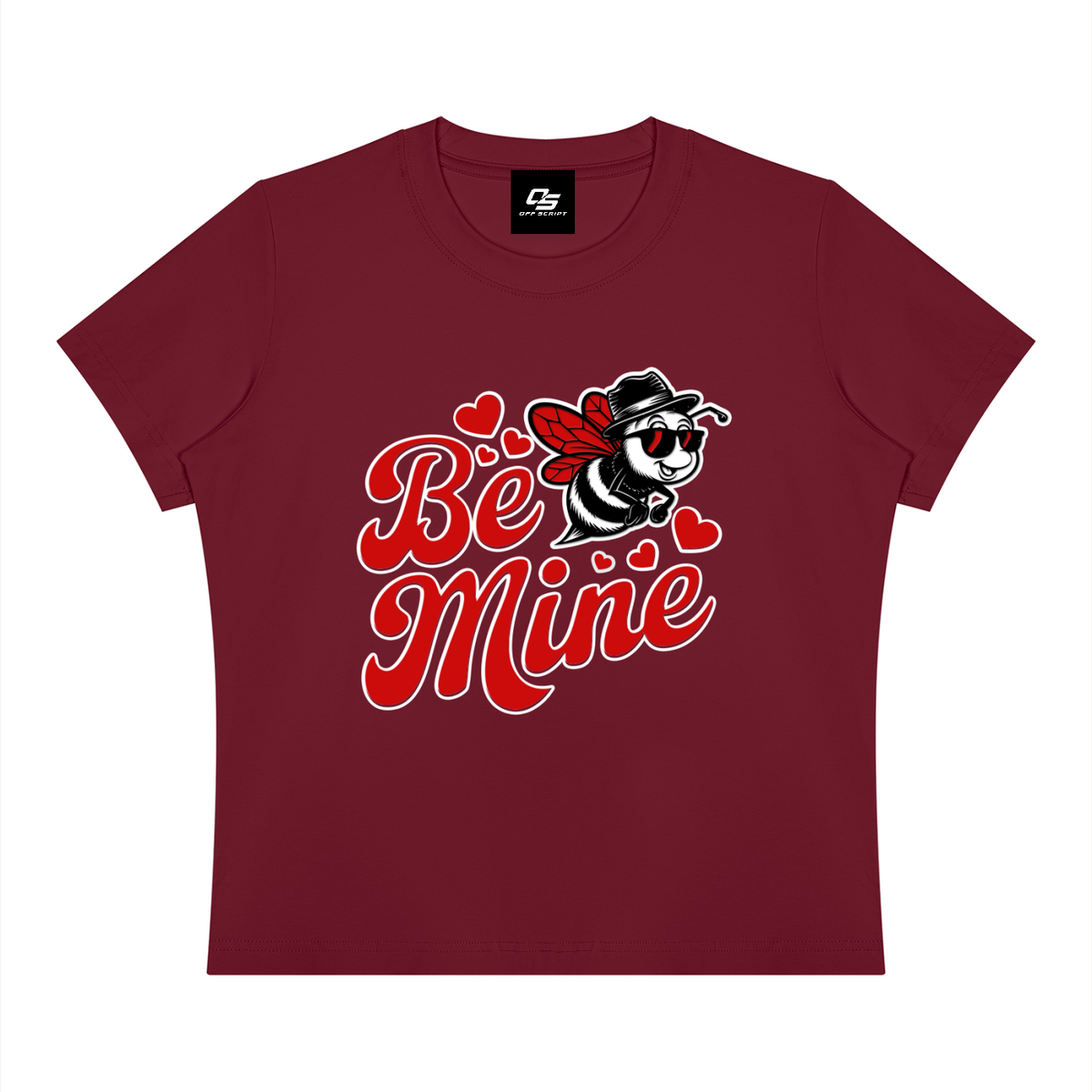Off Script Be Mine women's graphic crewneck T-shirt in Wine Red, flat front view