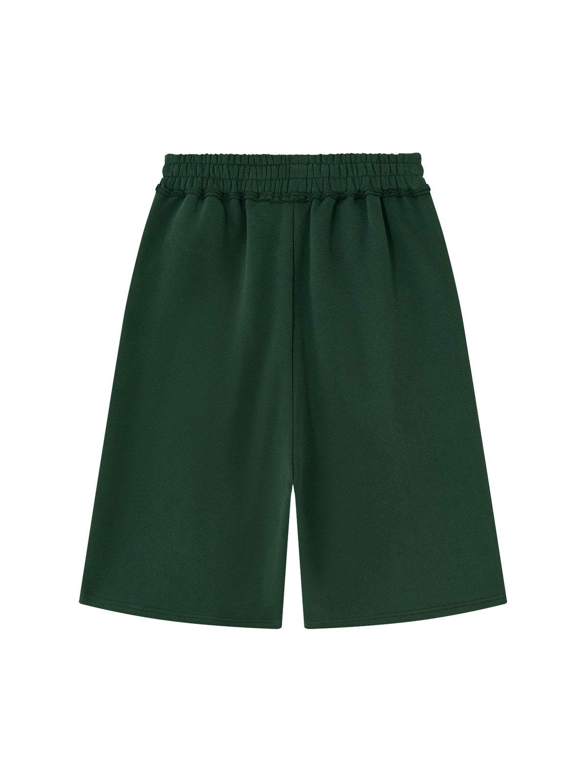 Off Script Unisex Raw Edge Fleece Shorts Dark Green back view