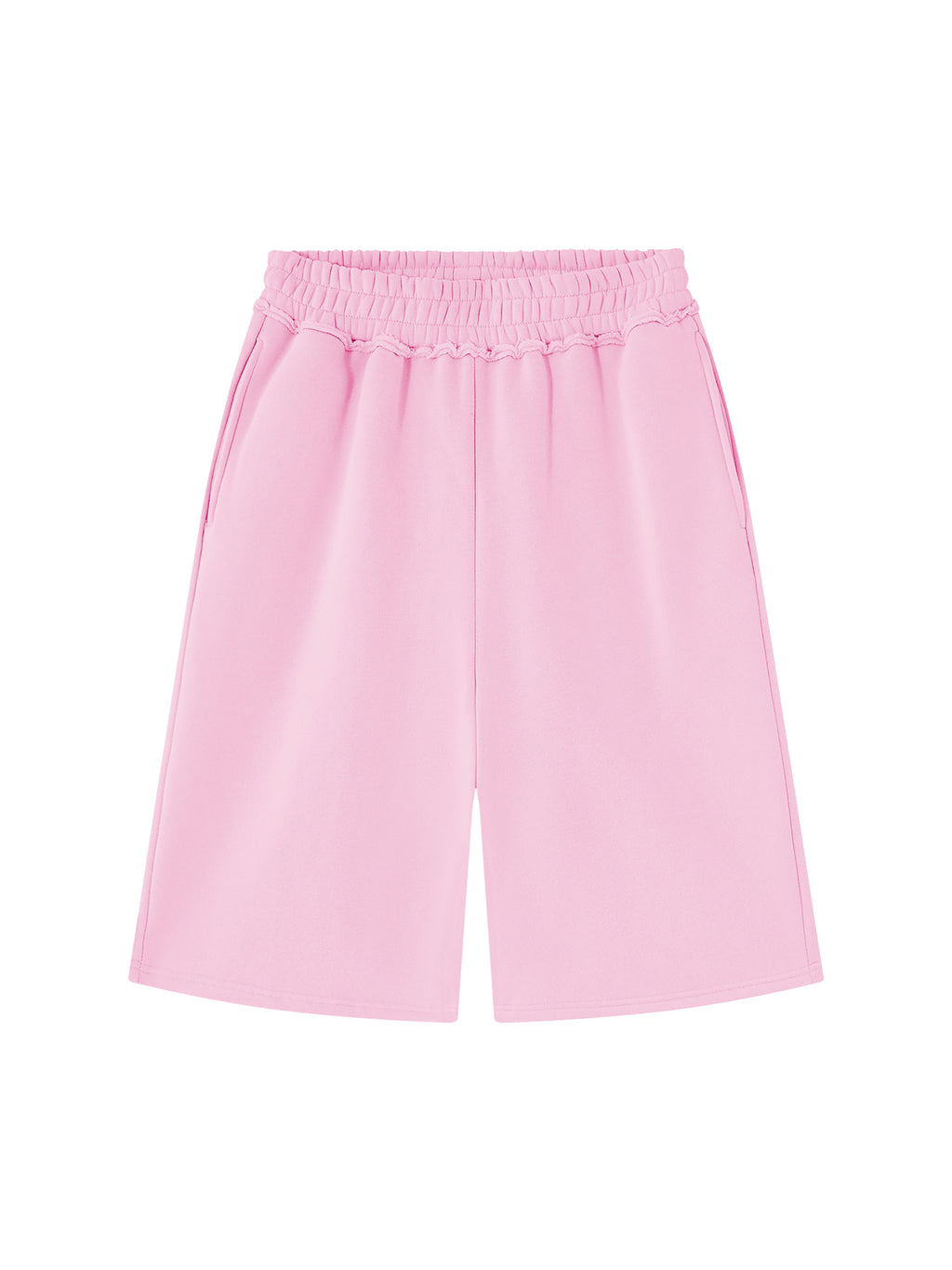 Off Script Unisex Raw Edge Fleece Shorts Pink front view