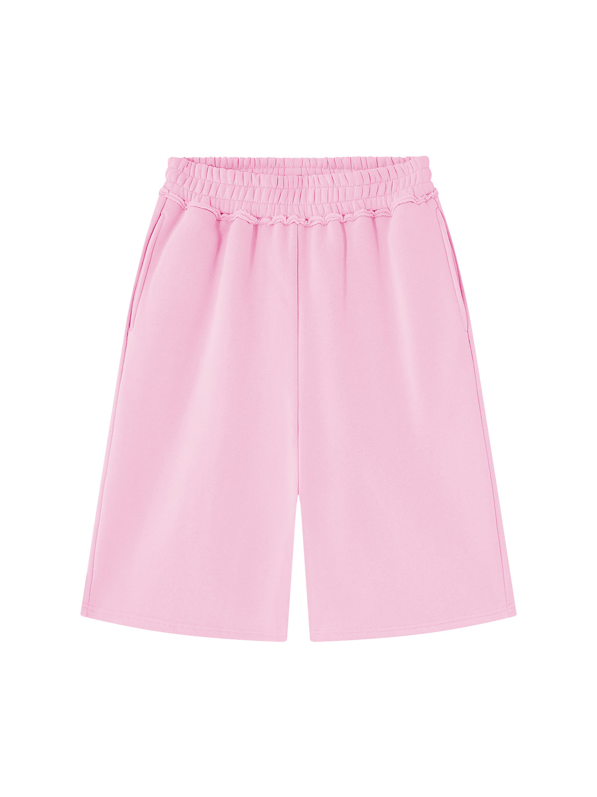Off Script Unisex Raw Edge Fleece Shorts Pink front view